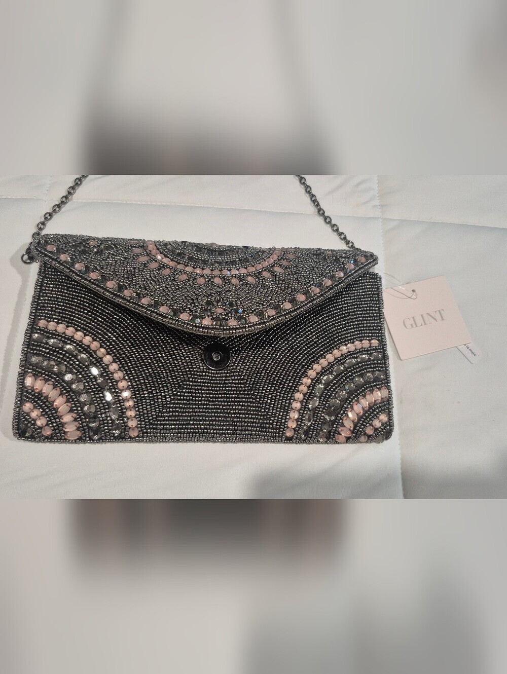 Glint Beaded Envelope Clutch in Pink and Gunmetal